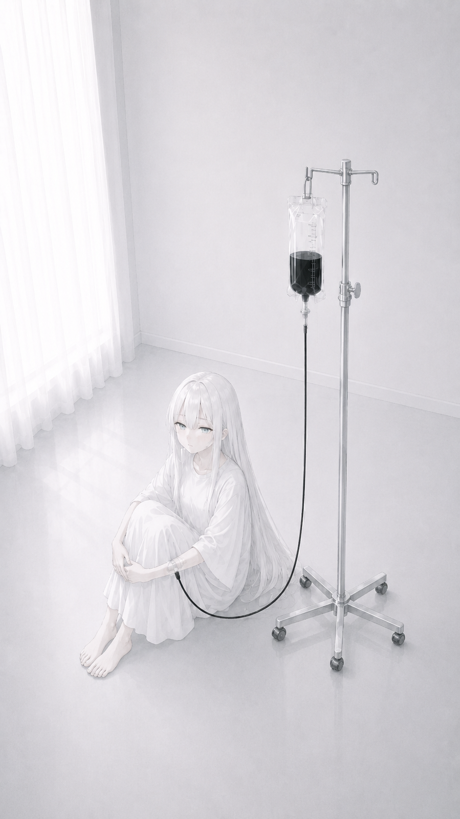 白い部屋に座る少女。黒い点滴ルートだけが色を持つ。