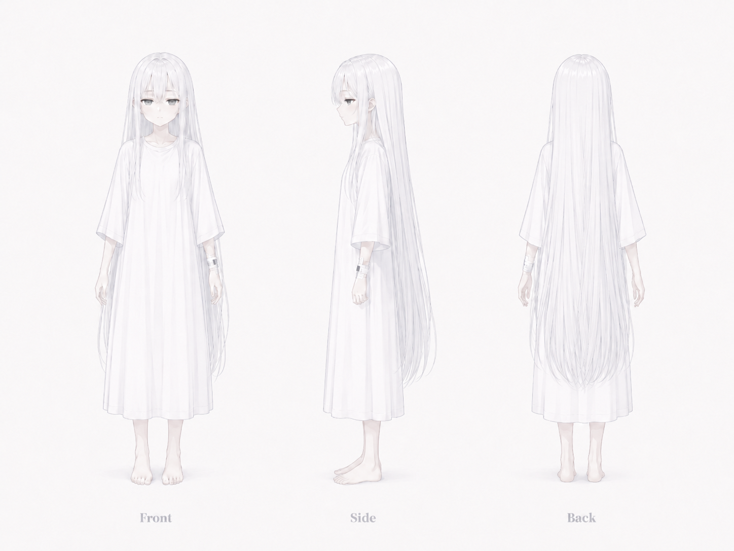 観測対象の三面図。白い髪、白い患者服。